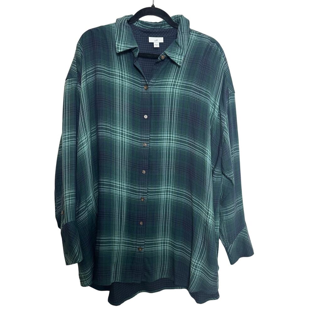 J Jill 2X Blue Green Plaid 100% Rayon Button Front Tunic Shirt Oversized - Picture 2 of 12